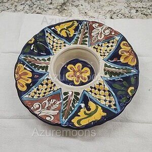 Mexican Talavera Pottery Blue Floral  8.5” Round Platter Dish
